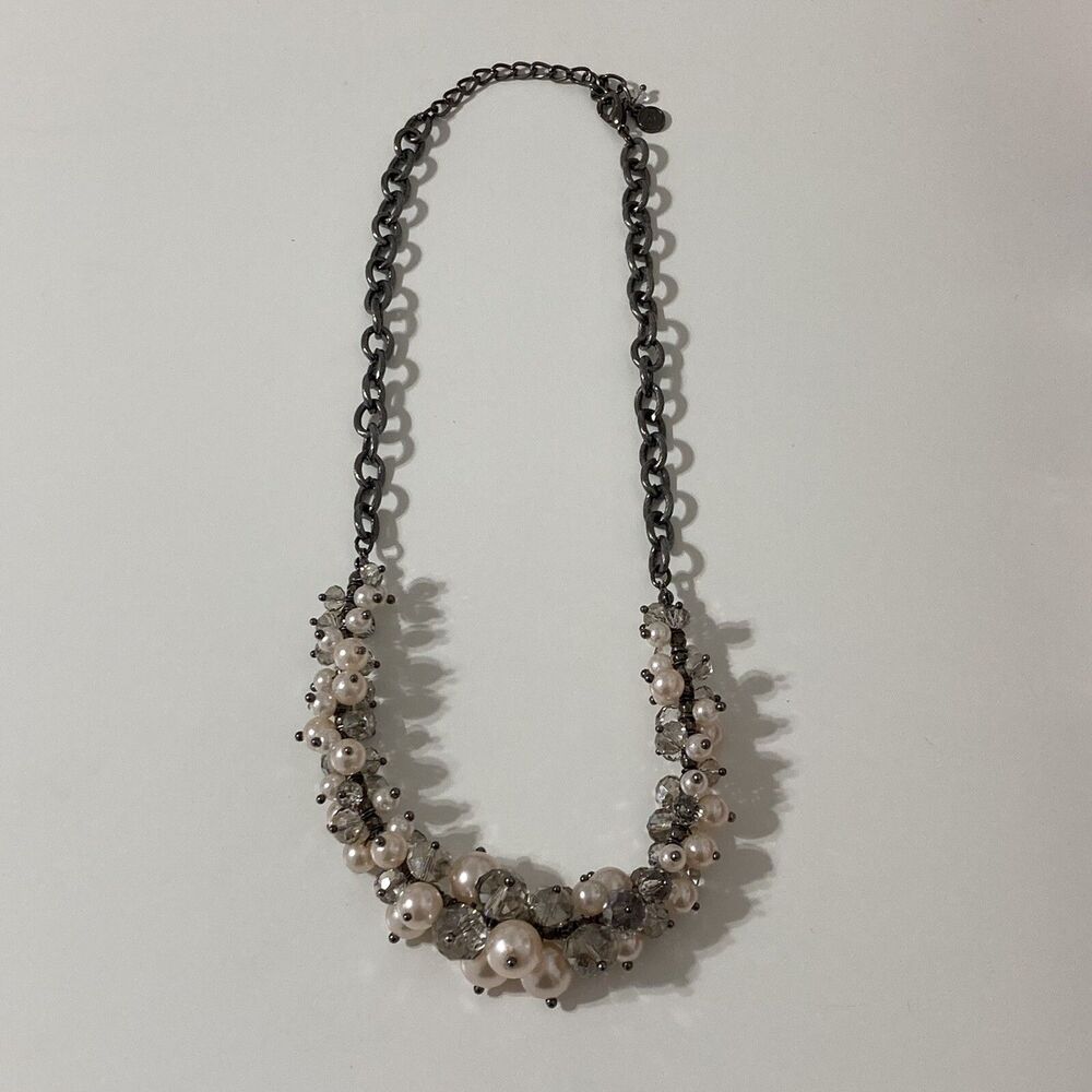 Bubble Bauble Pearl Beaded Silver Tone Gun Metal Chain Statement Necklace